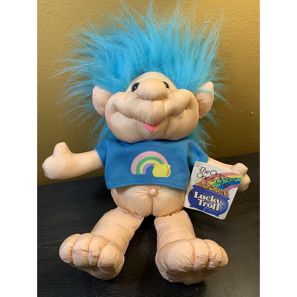 Vintage DanDee Lucky Troll Soft Stuffed Doll Nylon 11 inch‎ Blue Shirt
